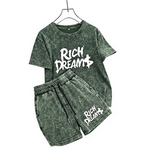 Summer Custom Acid Wash tank Top T-Shirt Vintage Washed Sweat Shorts Men's Short Sleeve T-shirt & Shorts <b>Set</b> Letter Pattern - Product Image 1