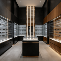 Solution complète d'aménagement pour magasin d'optique, Vitrine à lunettes en bois grainé avec peinture laquée, Vitrine murale rétroéclairée