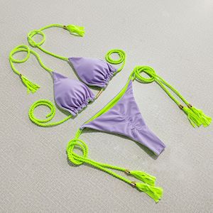 Damen Sommer Casual Atmungsaktiver Eng Anliegender Nylon Einfarbiger Knielanger Europäisch-Amerikanischer Spice Girl <span class=keywords><strong>Bikini</strong></span> Sexy Dreieck - Product Image 2