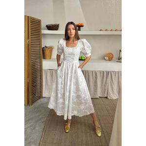 Robe blanche à manches brodées avec col carré, logo personnalisé, décoration à volants, style vintage pour le printemps, taille XL - Product Image 4