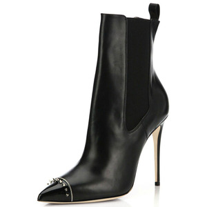 Front Metal Rivets Ankle Booties Sexy Women's Big Size 46 Pointed Toe Short <b>Boots</b> High Heels Stretchy Upper Shoes - Product Image 1