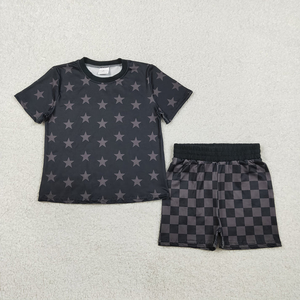 Nouveaux ensembles de vêtements pour enfants, haut bleu à poche et short à carreaux, ensemble de vêtements d'été pour garçons - Product Image 2