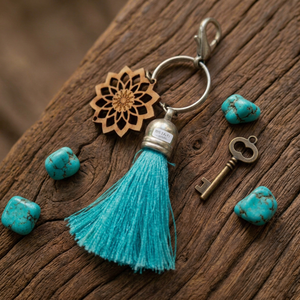 Wooden Mandala <b>Key</b> <b>Tassel</b> With Turquoise Fringe Decorative Keychain - Product Image 1