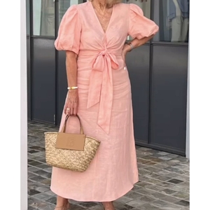 เดรสผ้าฝ้ายแขนพองผูกโบว์คอวีแฟชั่นใหม่สำหรับผู้หญิง - Product Image 1