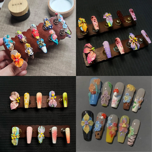 <span class=keywords><strong>Uñas</strong></span> Postizas <span class=keywords><strong>de</strong></span> Diseño Floral Tropical 3D con Diamantes y Mariposas, Coloridas, Estilo Francés, para Venta al Por Mayor - Product Image 4