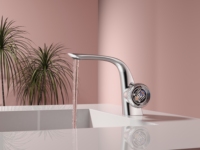 Robinet de lavabo en laiton chromé avec affichage tourbillon, mitigeur chaud/froid, cartouche céramique et bec haut arqué