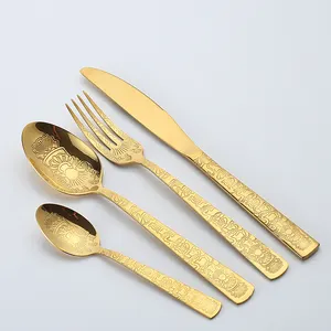 24pcs Laser Pattern Stainless Steel Gold 24 Piece Cutlery Vintage Wedding Gold Silverware Set Cutlery