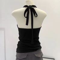 Débardeur Camisole Noir d'Été à Col Halter et Lacets pour Femme, 92% Coton/8% Spandex, Tissu en Fil Peigné, Sexy, pour Club, Couche de Base