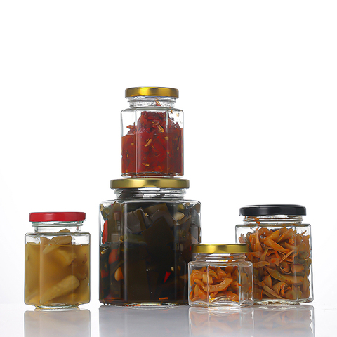 Hexagon Glass Storage Jar With Screw Lid for Pickles Jam Spice Jelly Food Storage Glass Jar Support Screen Print Logo