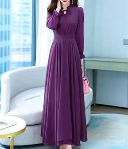 Vestido Largo Casual de Gasa para Mujer, con Mangas Largas, Cintura Alta, Estilo Swing, Control de Abdomen, Moderno para Primavera y Otoño - Product Image 3