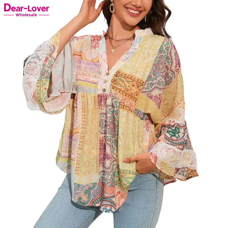 Dear-Lover Multicolor Paisley Print Bell Sleeve Lace V Neck Fashion Tops Blouse Women Clothing