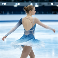 Robe de patinage artistique bleu et blanc dégradé, dos évidé, manches longues en maille, jupe ornée de strass pour enfants et adultes, compétition et performance