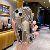 Coque de Téléphone Miroir de Maquillage Galvanisé Argent Bords Ondulés Cœur pour iPhone 15 16 17 Pro Max 14 Plus 13 12