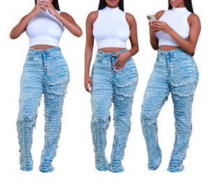2024 kadınlar yüksek bel Vintage kot seksi Y2k Streetwear rahat düz püskül saçak streç Denim pantolon - Product Image 3