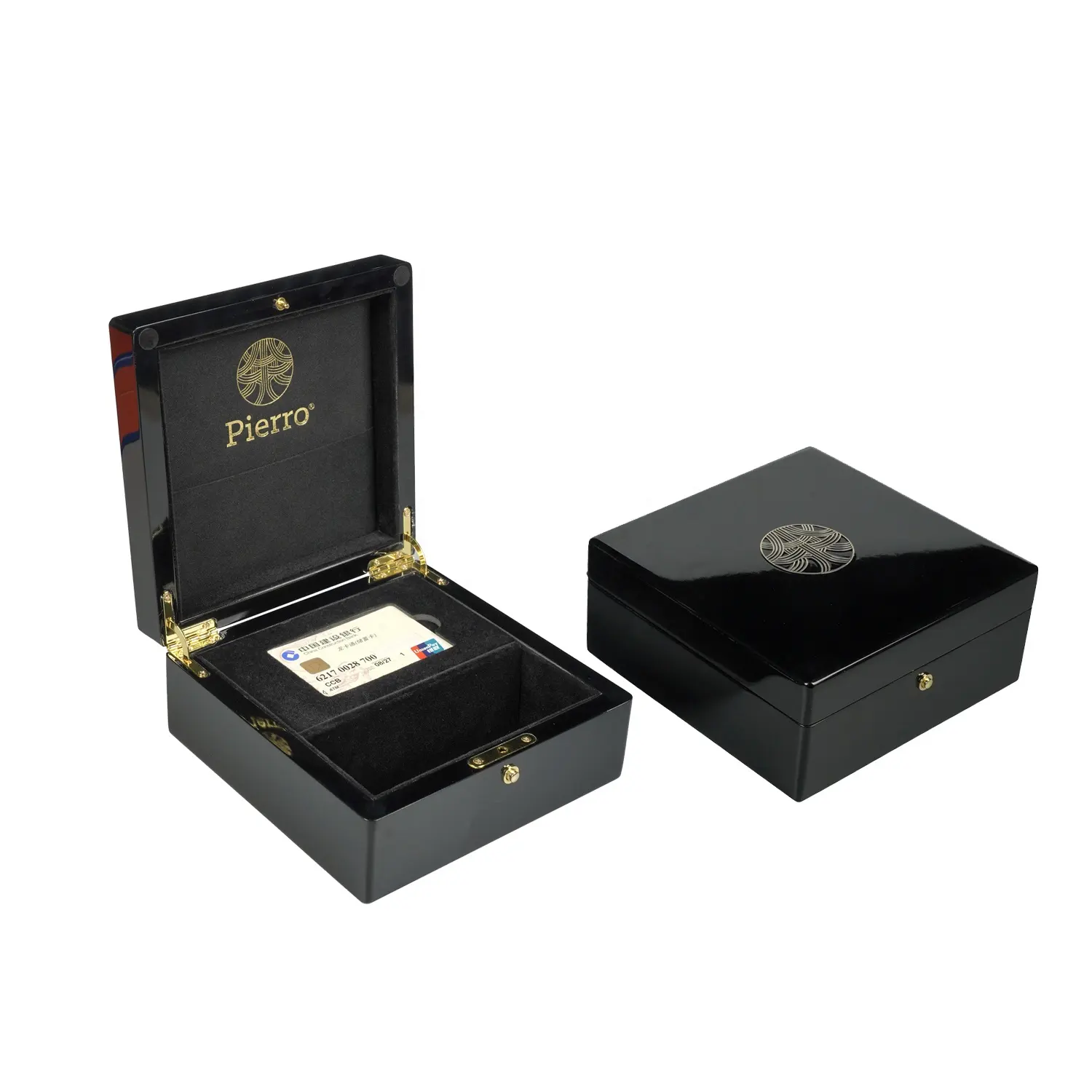 लक्जरी उच्च चमक लकड़ी पैकेजिंग बॉक्स कस्टम लोगो क्रेडिट कार्ड काले उपहार बॉक्स के साथ ढक्कन