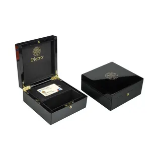 Luxus Hochglanz Holz verpackung Box Custom Logo Kreditkarte Schwarz Geschenk box Mit Deckel