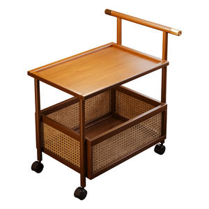 Étagère de rangement alimentaire à double niveau pour salon, chariot roulant en bambou sur pied avec roulettes, étagère en bois de bambou - Product Image 1
