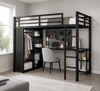 Lit mezzanine moderne en acier avec bureau, armoire, étagères de rangement et échelle, taille simple, pour dortoir, école, appartement
