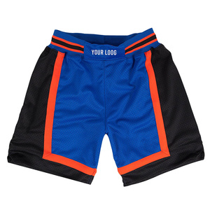 Shorts de basket décontractés pour hommes, bleu et noir, avec blocs de couleur, en maille respirante, avec bande latérale orange et taille élastique - Product Image 1