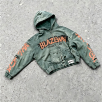 Sweat à capuche zippé pour homme de haute qualité, coupe oversize et courte, personnalisé, délavé à l'acide, effet usé, imprimé DTG, avec strass et déchirures