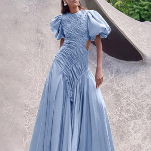 Vestito estivo di alta qualità da donna di nuovo stile elegante francese semplice abito lungo a sbuffo con collo rotondo elegante plissettato elegante abito da festa - Product Image 1