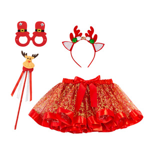 Falda tutú de encaje con estampado navideño para niñas, diadema, máscara para los ojos, varita mágica, conjunto de cuatro piezas, falda de malla ecológica para fiesta navideña - Product Image 5