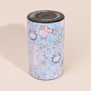 Pot cylindrique en plastique OEM à thème magique avec couvercle hermétique à bouton-poussoir, design de dessin animé, pour le stockage d'herbes, idéal pour le Día de los Muertos - Product Image 1