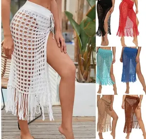 XS to XL women summer knit beach dress tassel hollow out beach skirt factory wholesale see through beachwear