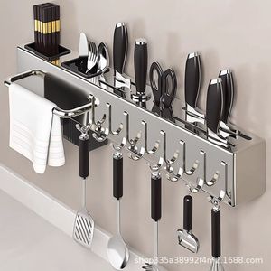 <b>Stainless</b> <b>Steel</b> Knife Holder Wall Mounted Multi Functional Knife And Chopsticks <b>Rack</b> With Hooks For Kitchen Storage - Product Image 1