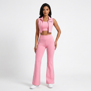 2026 Trendy Women's Pink 3 Piece Sports Set Sleeveless Zip-Up Crop <b>Jacket</b> and Yoga Set With Embroidery High Waist Athleisure - Product Image 1