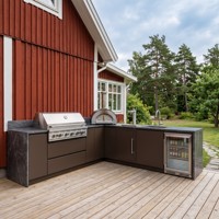Îlot BBQ en forme de L Hyrley Brown OEM avec cuisine extérieure en acier inoxydable, barbecue à gaz, four à pizza et réfrigérateur pour jardin