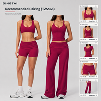 Ensemble de yoga brossé certifié GCC Dingtai pour femme : haut à manches courtes et pantalon large à taille repliable, tenue de sport 2 pièces
