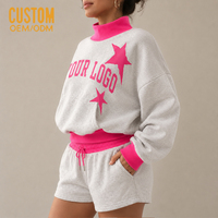 Ensemble de survêtement confortable et oversize pour femme, style Y2K, avec sweat-shirt côtelé rose vif imprimé patchwork étoiles à col montant et short