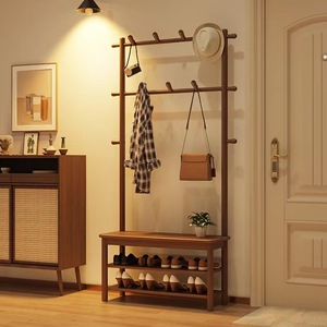 Shoe <b>Rack</b> With Coat Hanger Solid Wood Entryway Storage <b>Bench</b> For Shoes And Clothes Multifunctional Standing Furniture - Product Image 1