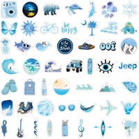 Lot de 50 autocollants mignons, petits, frais, bleus, style graffiti VSCO, autocollants décoratifs pour bouteille, skateboard, bagages, guitare, ordinateur portable