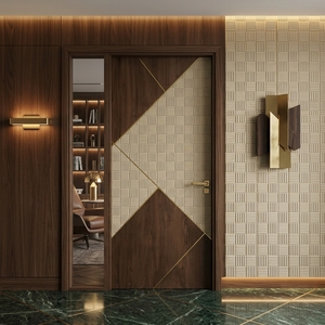 Cette porte intérieure en acajou présente un motif géométrique en mosaïque et intègre des tissages complexes en rotin naturel pour un style élégant. - Product Image 5