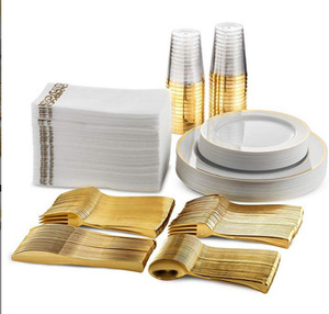 Ensemble de 350 assiettes jetables en plastique rigide <span class=keywords><strong>avec</strong></span> bord doré et cuillères, vaisselle pour fêtes, incluant des assiettes creuses pour fruits - Product Image 6