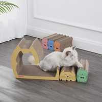 Cave à chat interactive 5-en-1 en carton pour loisirs créatifs familiaux, maison à gratter avec design coulissant, jouets pour l'enrichissement des chats d'intérieur