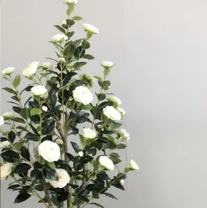 Rosa artificial de plástico para decoração de casa, flor bonsai, camélia, planta verde, vaso