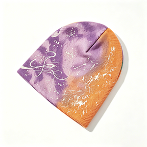Unisex <b>Tie</b> Dye Knit Beanie Hat 100% Acrylic <b>Purple</b> Orange Graffiti Print Skully Cap Soft Warm Stretch Streetwear Autumn Image - Product Image 6
