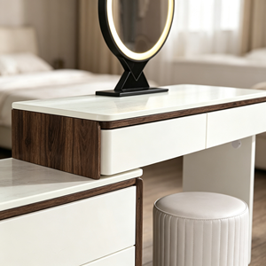 Coiffeuse moderne blanche avec miroir LED rond, meuble de rangement et tabouret pour chambre à coucher - Product Image 2