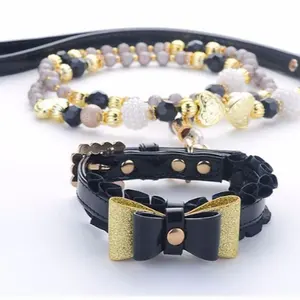 Fashion Jeweled personalisasi kalung dan tali anjing kristal hitam, Set tali dan rantai kalung anjing mutiara tali kucing peliharaan