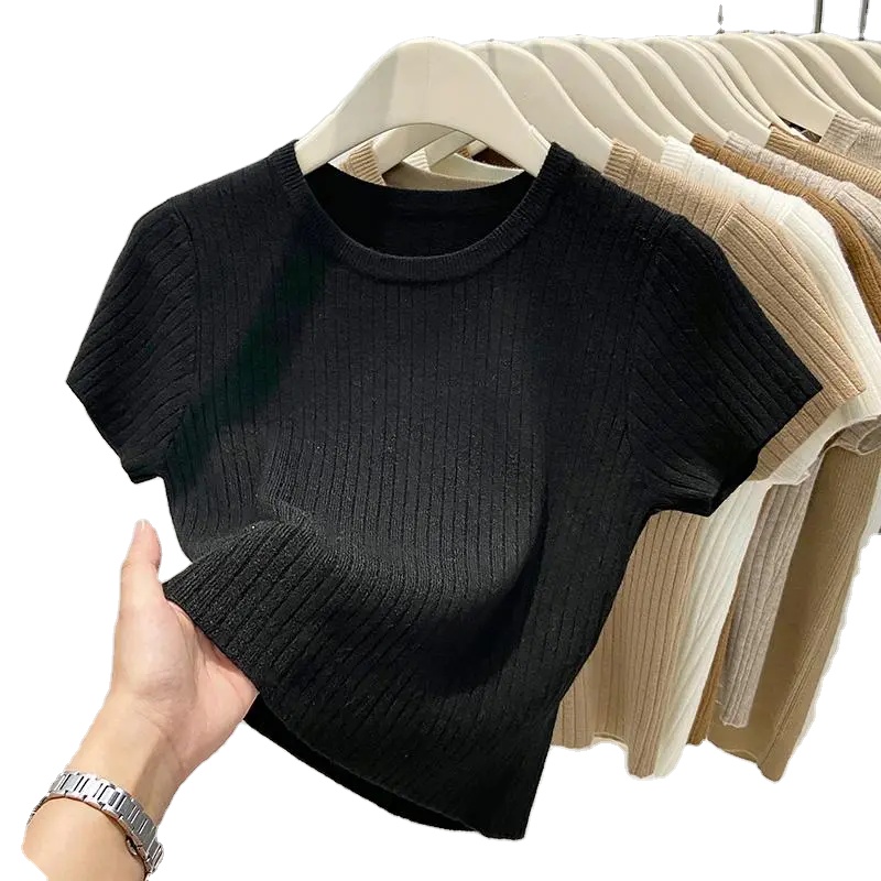 Summer Solid Color Round Neck T-shirt Short Sleeve Tee Female Slim Short Sweater Top for Ladies