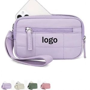 Women's Quilted Nylon <b>Wristlet</b> Wallet with 3 Zipper Short Travel Card Holder Custom Logo Promotion Polyester Lining - Product Image 1