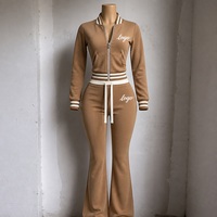 Ensembles de vêtements de détente en tricot gaufré personnalisés pour femme, collection automne 2026 – Veste zippée et pantalon évasé, ensemble 2 pièces pour femme