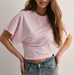 Maglietta estiva da donna manica a pipistrello in vita ampia con collo in cotone 100% tinta unita manica a pipistrello ricamata in maglia traspirante Casual - Product Image 3