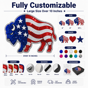 Patchs à paillettes personnalisés OEM, Grand badge brodé Buffalo thermocollant, Emblème pour vêtements du 4 juillet, Logo de créateur de vêtements en gros - Product Image 3