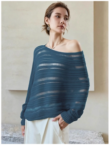 Maglione Casual da Donna all'Ingrosso, Maglia Monospalla a Maglia Larga con Texture Traforata a Righe e Maniche Lunghe - Product Image 2