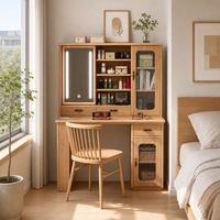Meja Rias Tinggi Kayu Oak Alami dengan Cermin LED Geser, Kabinet Kaca Beralur, Rak Buku, dan Set Kursi untuk Kamar Tidur