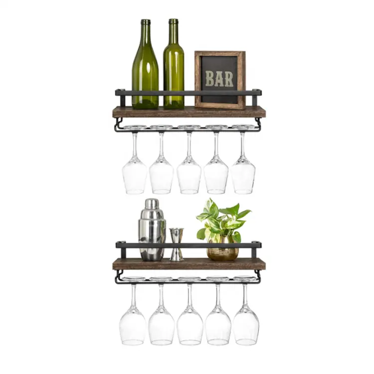 Modern Wine Display Storage Holder for Wall Decor Sef of 2 Wall Mounted Wine Rack Wood Rustic Wine Bottle Glass Floating Shelves